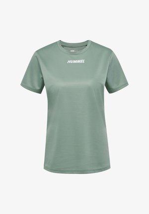 Kurzärmliges Sport-T-Shirt in Hellgrün, aus atmungsaktivem Material, mit rundem Ausschnitt und weißem "HUMMEL"-Logo auf der Vorderseite.
