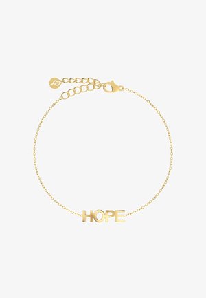 Gouden armband met een delicate ketting, met het woord "HOPE" in hoofdletters als centraal element. Heeft een kreeftsluiting en een verstelbare lengte.