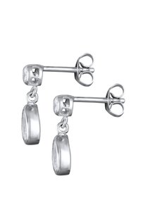 Silberne Hängehörnchen mit einem runden Edelstein, der in einem facettierten, runden Rahmen eingesetzt ist, mit einem Durchzieh-Design und einem dekorativen Post-Rücken.