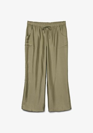 Maslinasto zeleni široki hlače s elastičnom trakom u struku, prednjim vezanjem i dva velika prednja džepa, prikazane ravno na bijelom pozadini.