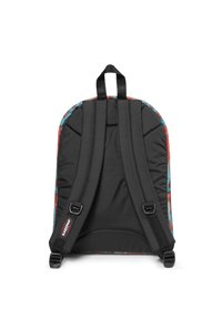 Zaino imbottito nero con un motivo floreale colorato nella parte superiore. Presenta spallacci regolabili e una maniglia superiore per il trasporto.