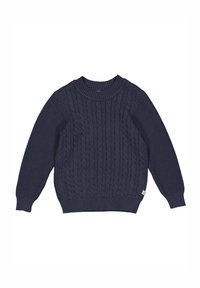 Sininen neulepaita, jossa on köysikuvio, pyöreä kaula-aukko ja kanttaukset hihansuissa ja helmassa. Valmistettu teksturoidusta materiaalista, jossa on pieni logotunnus.