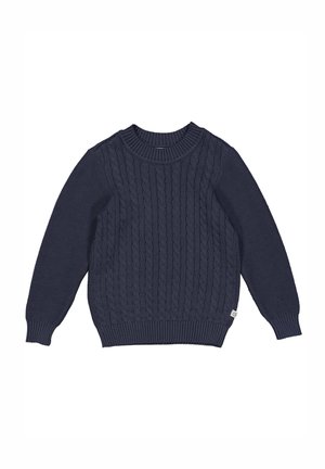 Marineblauer Strickpullover mit Kabelmuster, rundem Ausschnitt und gerippten Bündchen und Saum. Hergestellt aus strukturierter Material und mit einem kleinen Logo-Tag.