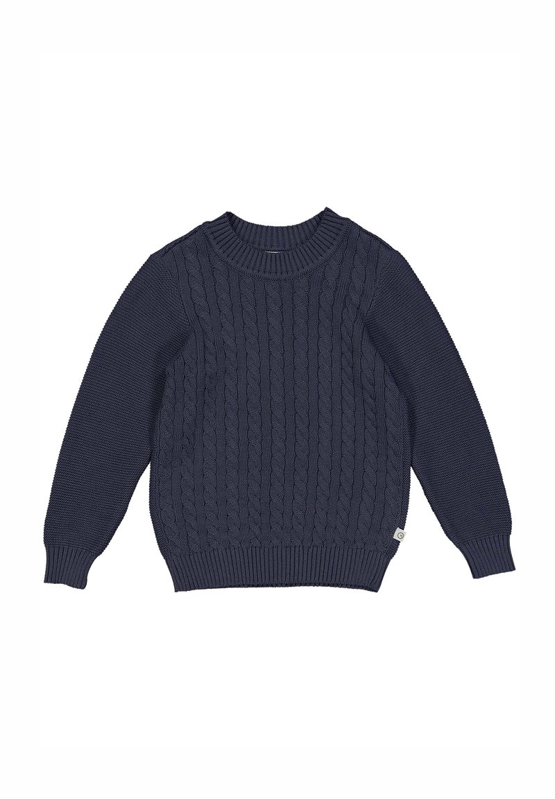 Sininen neulepaita, jossa on köysikuvio, pyöreä kaula-aukko ja kanttaukset hihansuissa ja helmassa. Valmistettu teksturoidusta materiaalista, jossa on pieni logotunnus.