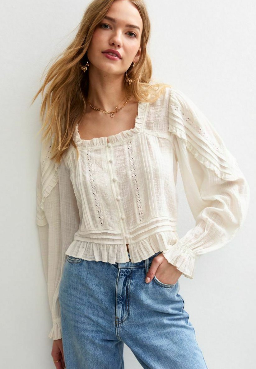 New Look PINTUCK LONG SLEEVE CROP - Blouse - off white/off-white 