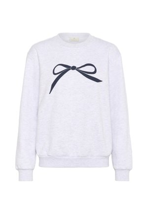 Hellgrauer Sweatshirt aus weichem Stoff mit einem navyblauen Schleifen-Graphic in der Mitte. Rippbündchen und Saum vervollständigen das Design.