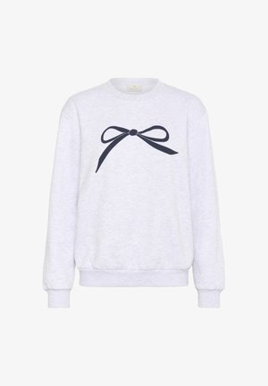 Hellgrauer Sweatshirt aus weichem Stoff mit einem navyblauen Schleifen-Graphic in der Mitte. Rippbündchen und Saum vervollständigen das Design.