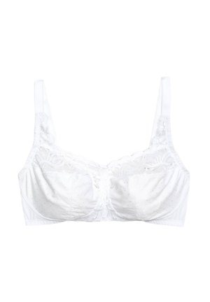 White bra featuring dotted texture, lace trim, and adjustable straps. The cups are structured and full-coverage, with a hook-and-eye closure.