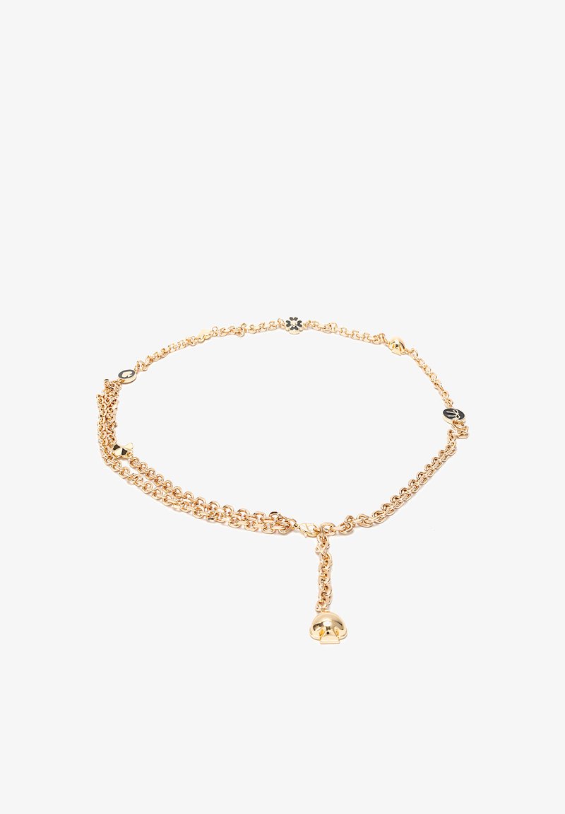 Goldene Halskette mit kleinen schwarzen und goldenen Blüten- und Symbolanhängern, mit einem hängenden goldenen Glockenanhänger.