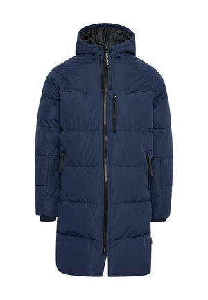 Abrigo acolchado de marina, diseño largo con capucha, cuenta con un cierre frontal y bolsillos laterales con cremallera, textura suave y forro acolchado para aislamiento.
