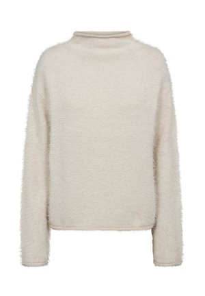 Lichtbeige trui met een zachte, fuzzy textuur. Heeft een hoge hals en lange mouwen, met een oversized, relaxte pasvorm.