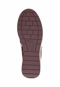 Suola della scarpa in gomma bordeaux con scanalature profonde, caratterizzata da un motivo testurizzato e un logo inciso, etichettata con la taglia 37H.