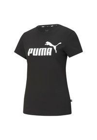 Camiseta de algodón negra con mangas cortas, que presenta un gran logo blanco de "PUMA" y un gráfico de un puma saltando. Diseño simple y clásico.