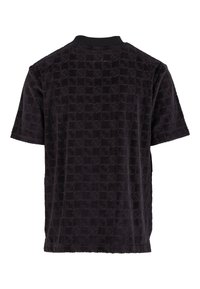 Black short-sleeve shirt made of textured fabric with a patterned surface. Features a round neckline and a relaxed fit.