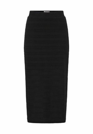 Must mustrilsik, millel on tekstuurne kude vahelduvate triipudega. Ümber köitva disainiga, kõrge vöökohaga ja sirge siluetiga.