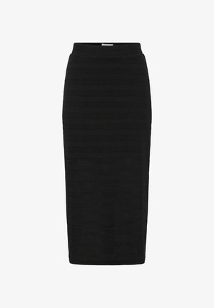 Must mustrilsik, millel on tekstuurne kude vahelduvate triipudega. Ümber köitva disainiga, kõrge vöökohaga ja sirge siluetiga.