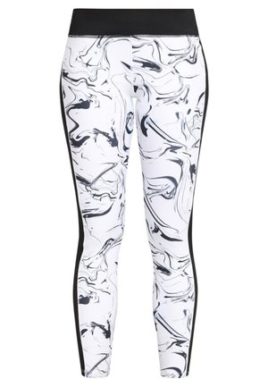 Marmorierte Leggings in Weiß und Schwarz, mit hohem Taillenbund, glattem Stoff und kontrastierenden schwarzen Seiteneinsätzen.