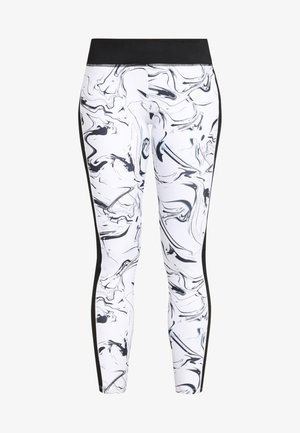 Marble-patterned leggings in white and black, featuring a high waistband, smooth fabric, and contrasting black side panels.