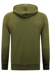 Olijfgroene hoodie met een gladde textuur, lange mouwen en een geribbelde zoom. Heeft een afgeronde capuchon en geen zichtbare logo's of patronen.
