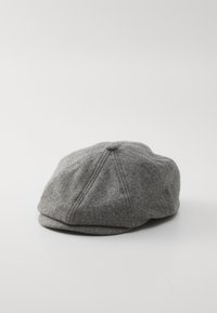 Gray wool cap with a rounded shape, featuring stitched panels, a small top button, and a short, curved brim.