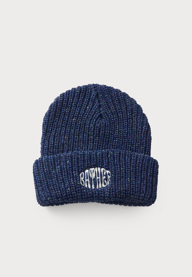 Navy knit beanie with ribbed texture and a cuff. Features white embroidered logo "BATHER" on the front. Soft and stretchy material.