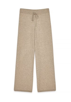 Beige gebreide wijduitlopende broek met geribbelde tailleband en zoom, voorzien van een trekkoord aan de voorkant voor een verstelbare pasvorm.