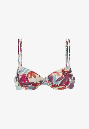Multicolored bikini top featuring a floral pattern on a cream background, with adjustable straps and underwire support.