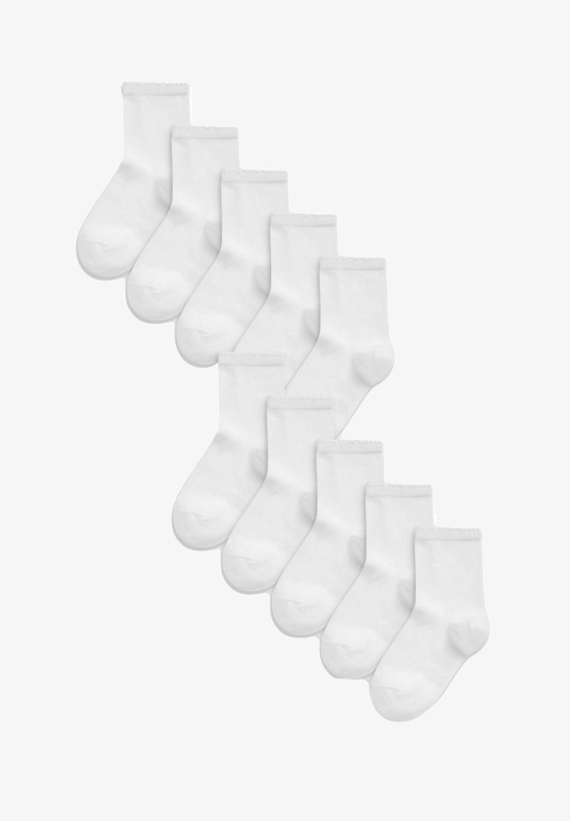 Weiße Baumwollsocken, angeordnet in zwei Reihen, mit einem gerippten Bündchen und einer glatten Oberfläche, sowie einem runden Zehendesign. Packung mit zehn Socken.