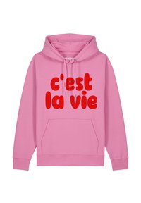 Roze hoodie met een voorzak en de zin "c'est la vie" in vette rode letters. Zachte, gestructureerde stof.