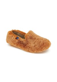 Pantofole in pelliccia sintetica arancione, con punta arrotondata e design facilmente indossabile. Texture morbida con interni beige e piccolo dettaglio blu.