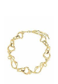 Pulsera de tono dorado que presenta formas abstractas enlazadas, con un acabado pulido y un cierre seguro. Diseño ligero con una textura suave.