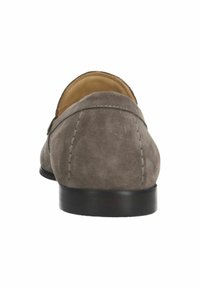Grijze suède instappers met een ronde neus, contrasterende stiksels en een lage zwarte rubberen hak. Glad binnenvoering zichtbaar.