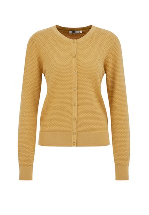 Žuti kardigan boje gorušice s teksturiranim uzorkom, okruglim izrezom, zatvaračem na kopčanje s prednje strane i rebrastim manžetama i rubom. Mekani pleteni materijal.