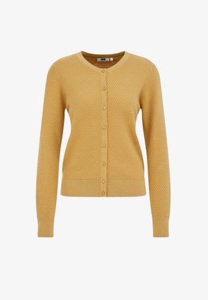 Žuti kardigan boje gorušice s teksturiranim uzorkom, okruglim izrezom, zatvaračem na kopčanje s prednje strane i rebrastim manžetama i rubom. Mekani pleteni materijal.
