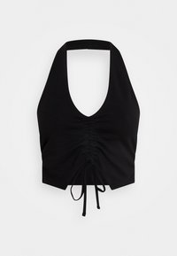 Top cropped preto com decote halter e decote em V profundo, com franzido ao centro e laço ajustável na parte inferior. Feito de um material liso e elástico.