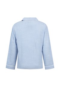 Ljust blå randig skjorta, vävt tyg, krage, långa ärmar med vita manschetter, avslappnad passform, bakvy som visar ränder och enkel design.