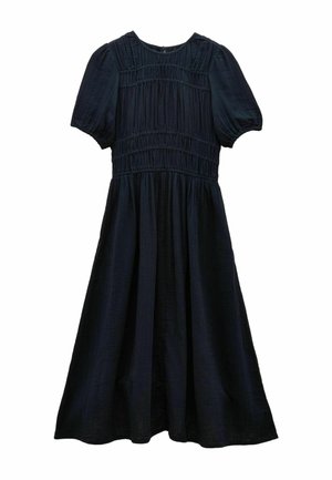 Schwarzes Midikleid mit gepufften kurzen Ärmeln, gerafftem smock-Bodice und fließendem Rock.