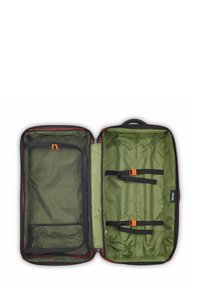 Valigia verde con tasca in rete con zip, cinghie regolabili e motivo interno. Presenta accessori arancioni e rifinitura rossa della zip.