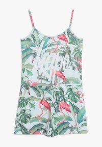 Ärmlös jumpsuit med gröna tropiska blad och rosa flamingomönster, med justerbara axelband och frontknyt i midjan.