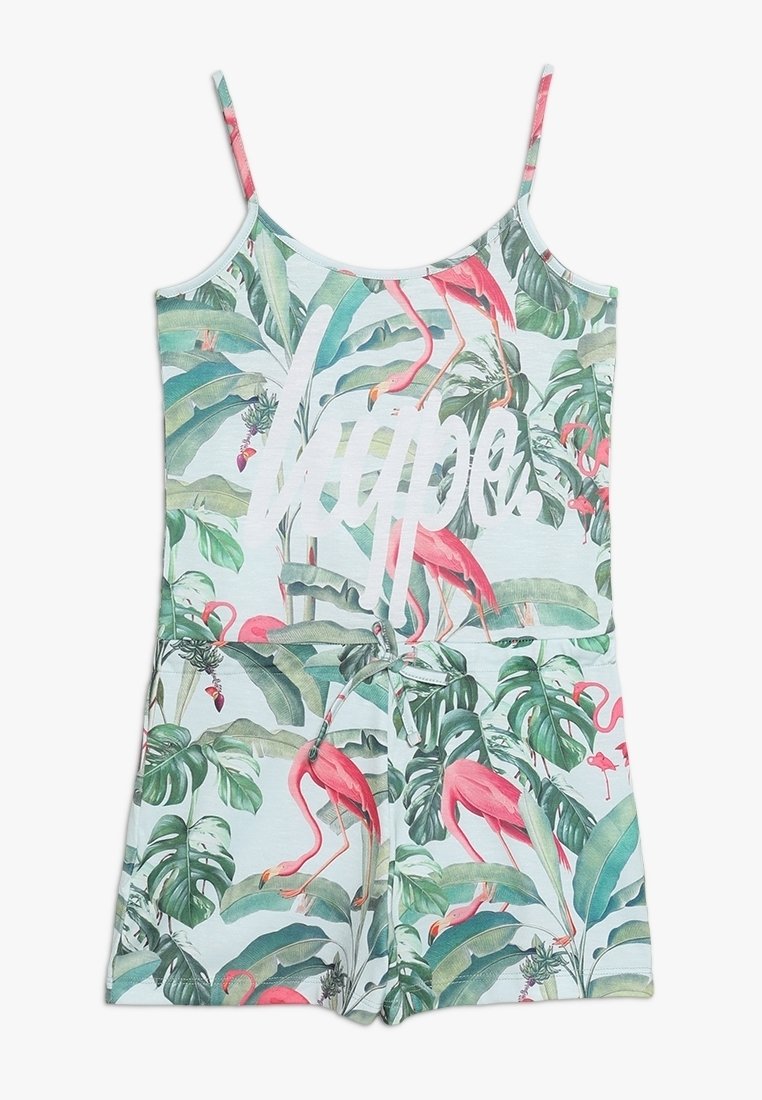 Ärmlös jumpsuit med gröna tropiska blad och rosa flamingomönster, med justerbara axelband och frontknyt i midjan.