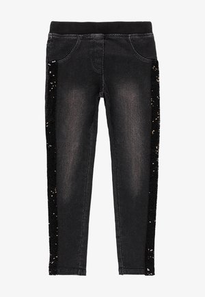 Sorte slim-fit bukser med elastisk talje, forlommer og sorte pailletstriber, der løber ned langs ydersiden af hvert ben.
