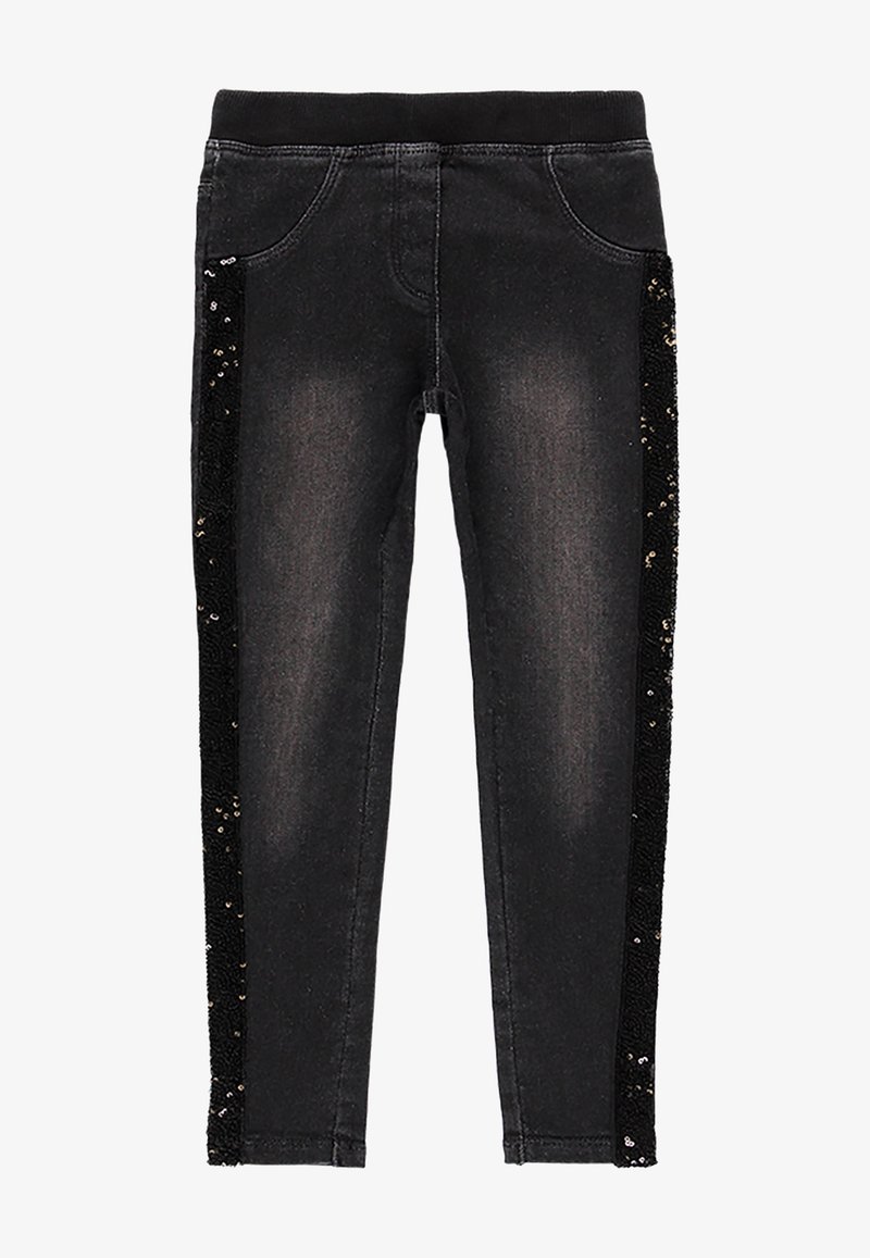 Pantalon slim noir avec taille élastique, poches avant et bandes de sequins noirs courant le long des côtés extérieurs de chaque jambe.