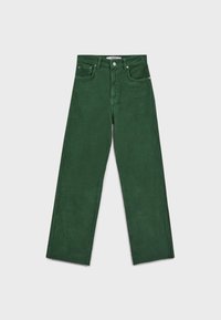 Pantalon large en velours côtelé vert foncé avec poches avant, passants pour ceinture et fermeture à boutons.