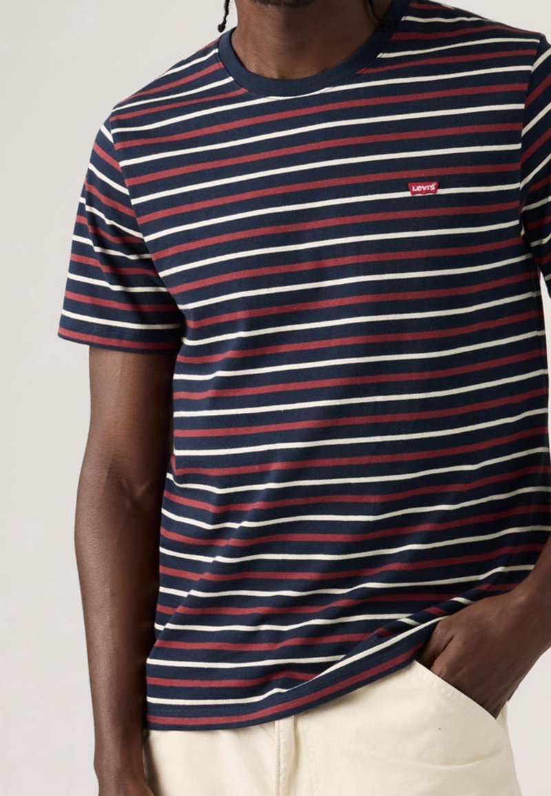 Homme portant un t-shirt Levi's à manches courtes rayé bleu marine, rouge et blanc, avec un pantalon beige, main dans la poche.