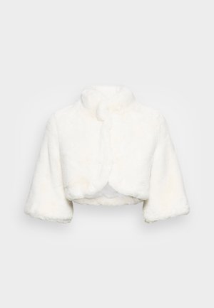 White faux fur cropped jacket with wide sleeves and a high collar on a plain background.