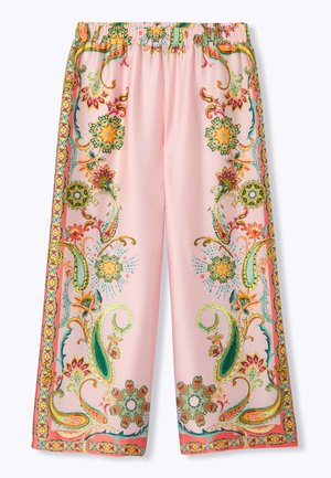 Pantalon rose à jambes larges avec taille élastique et motifs floraux et cachemire colorés le long des côtés et des ourlets.