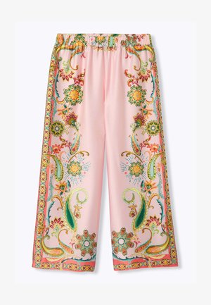 Pantalon rose à jambes larges avec taille élastique et motifs floraux et cachemire colorés le long des côtés et des ourlets.