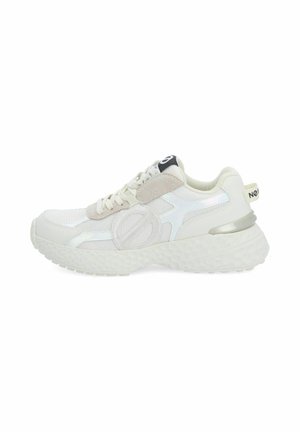 White sneakers with mesh and suede accents, featuring a textured sole, iridescent details, and contrasting black and white branding on the tongue.