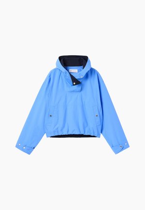 Hele sinine pullover-jakk kõrge krae, trukkidega ees, taskud, elastne ääris ja must vooder.