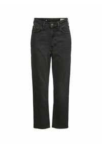 Jeans de mezclilla negra con una cintura alta, diseño de pierna recta y acabado sin dobladillo. Presenta un estilo clásico de cinco bolsillos y cierre de botón metálico.